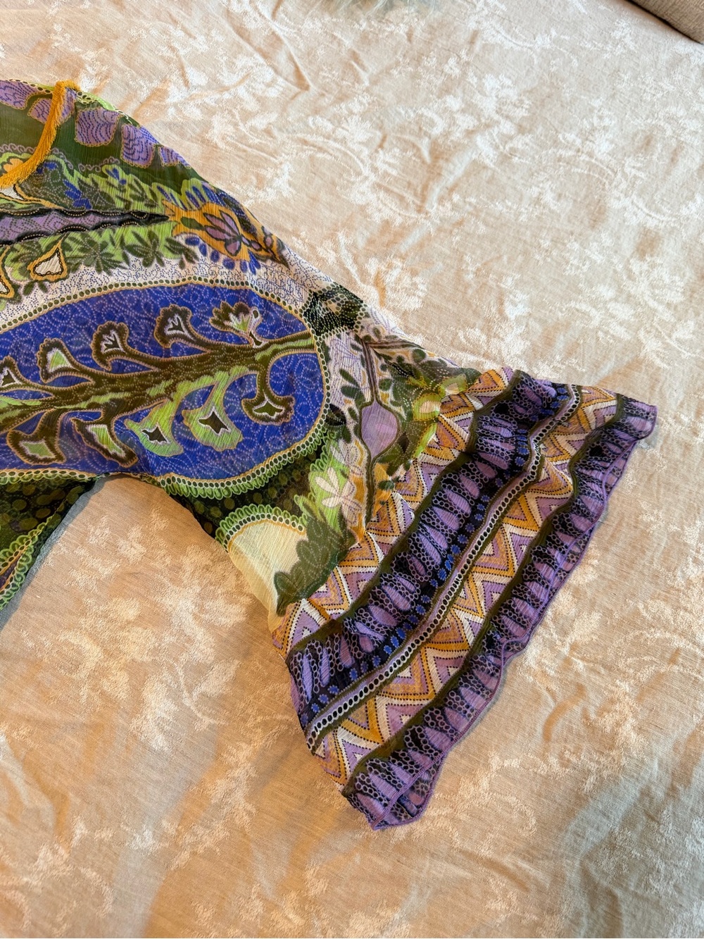 CAbi Vintage Boho Mini Dress, Yellow, Blue, Green & Purple Paisley, Size Medium - Picture 4 of 8